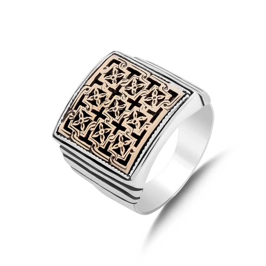 925 Sterling Silver & Bronze Blend Ring - Square Byzantine Authentic Design