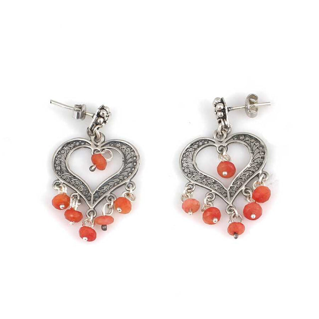 925 Sterling Silver Filigree Heart Coral Stone Earring
