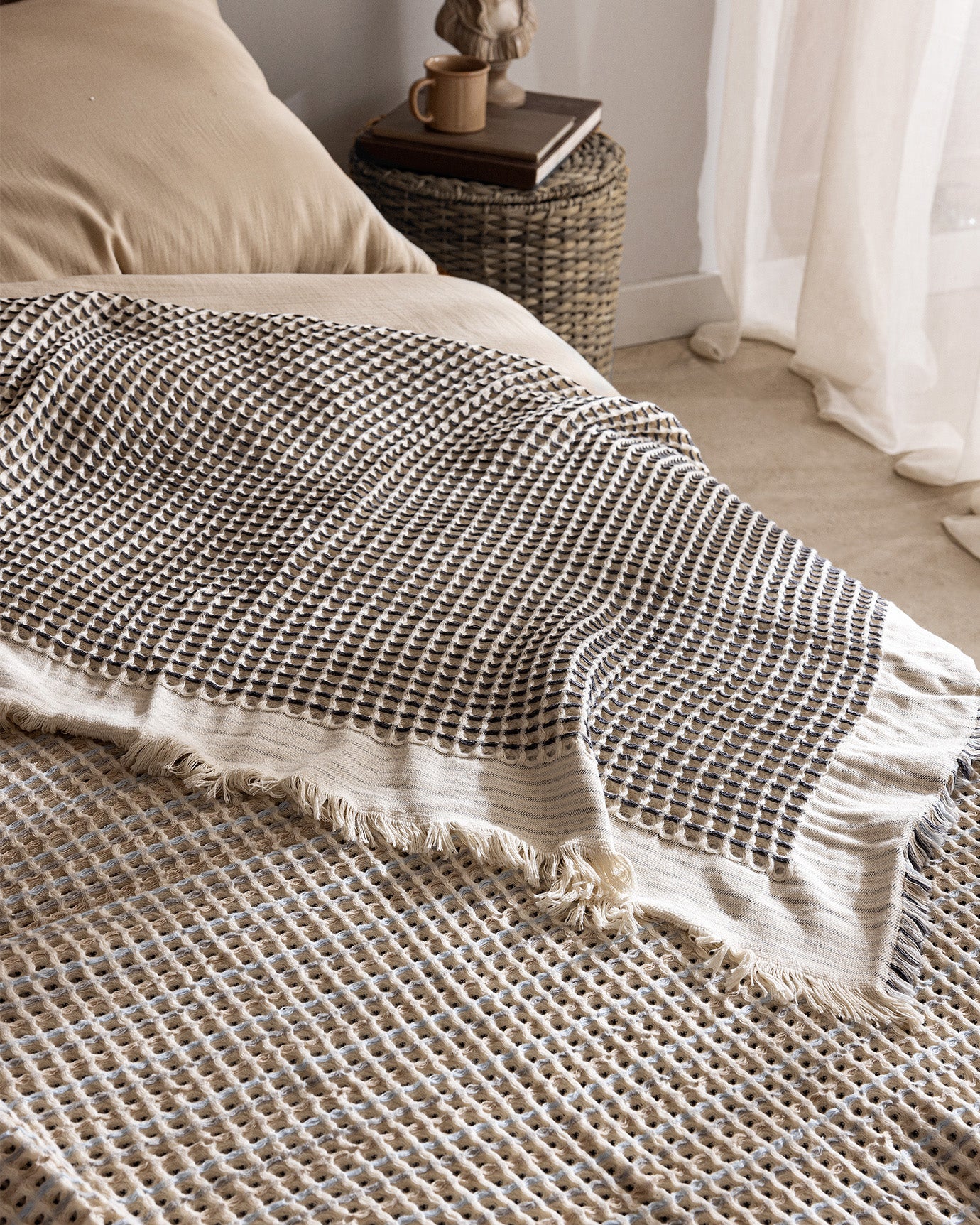 Cotton Bedspread Single Size - Beige and Blue Reversible Coverlet