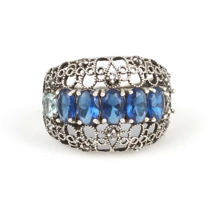 925 Sterling Silver Filigree Ring - Blue & White Zircon