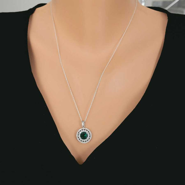 925 Sterling Silver Green Zircon Double Halo Pendant Necklace