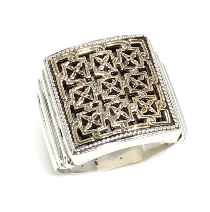 925 Sterling Silver & Bronze Blend Ring - Square Byzantine Authentic Design