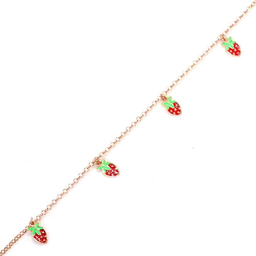 925 Sterling Silver Enamel Strawberry Charm Anklet - Summer Style
