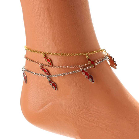 Premium 925 Sterling Silver Red Enamel Car Motif Anklet Set