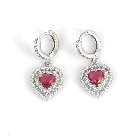 Sterling Silver Double Row Heart Halo Ruby Zircon Drop Earrings
