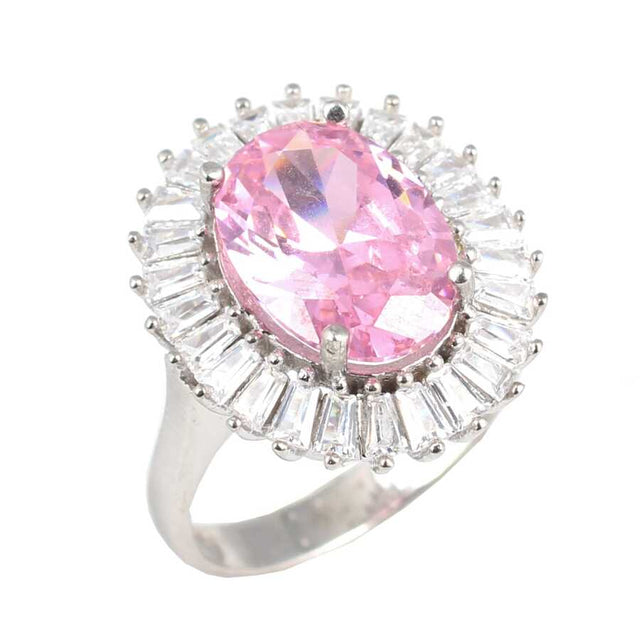 Premium Sterling Silver Oval Pink Quartz Baguette Ring