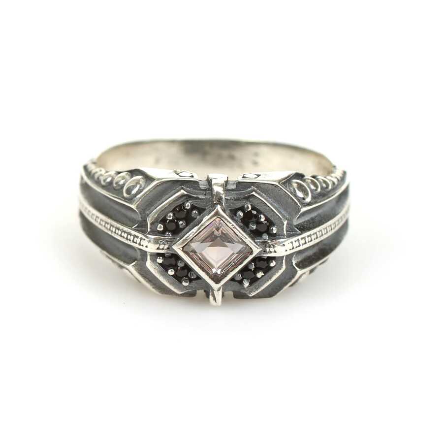 Sterling Silver Sultanite & Onyx Men's Ring - Square Motif