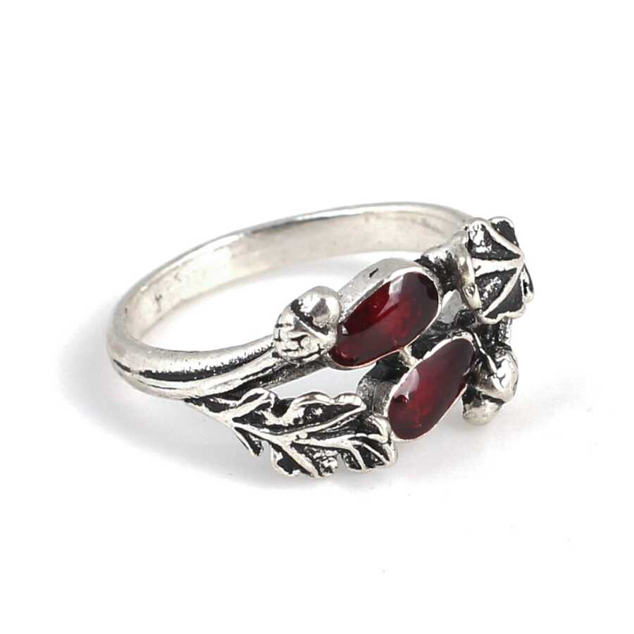 Sterling Silver Double Leaf Ring - Hand-Enameled Red Design