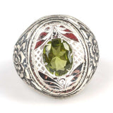 925 Sterling Silver Peridot Men's Ring - Floral Engraved