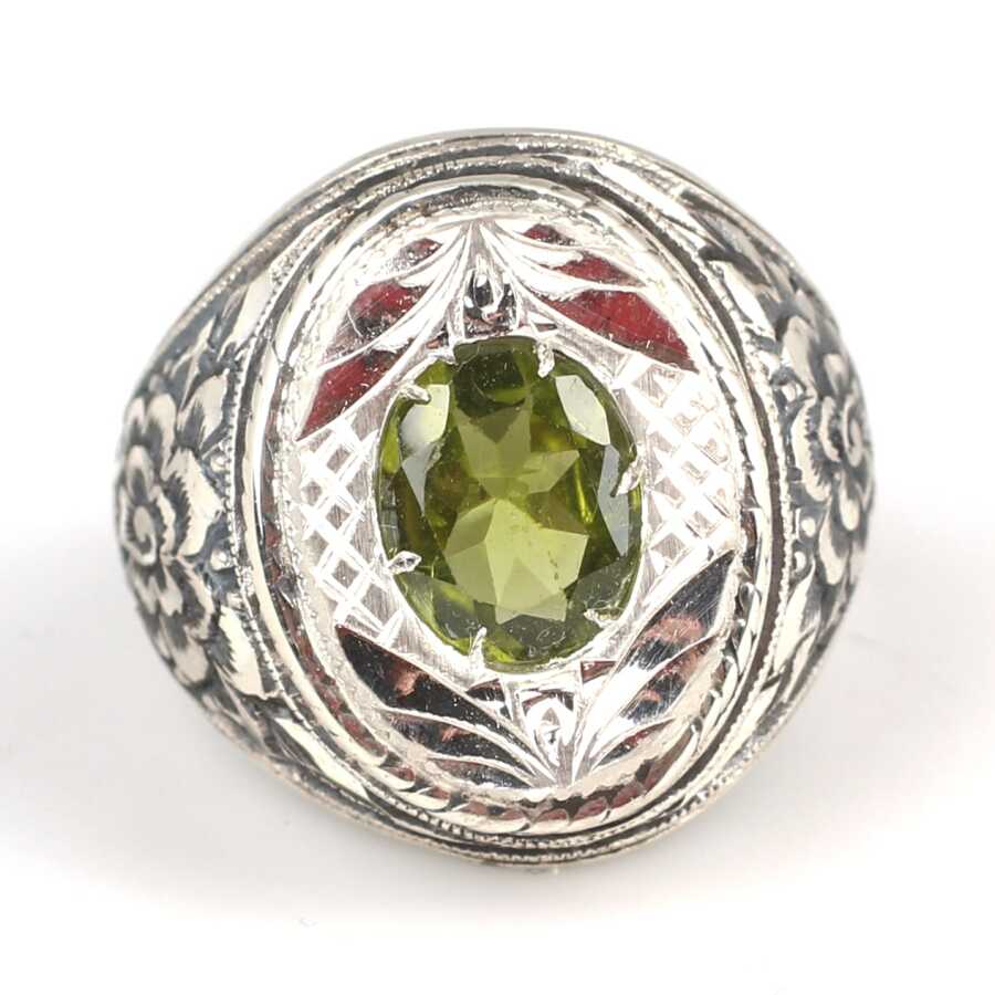 925 Sterling Silver Peridot Men's Ring - Floral Engraved