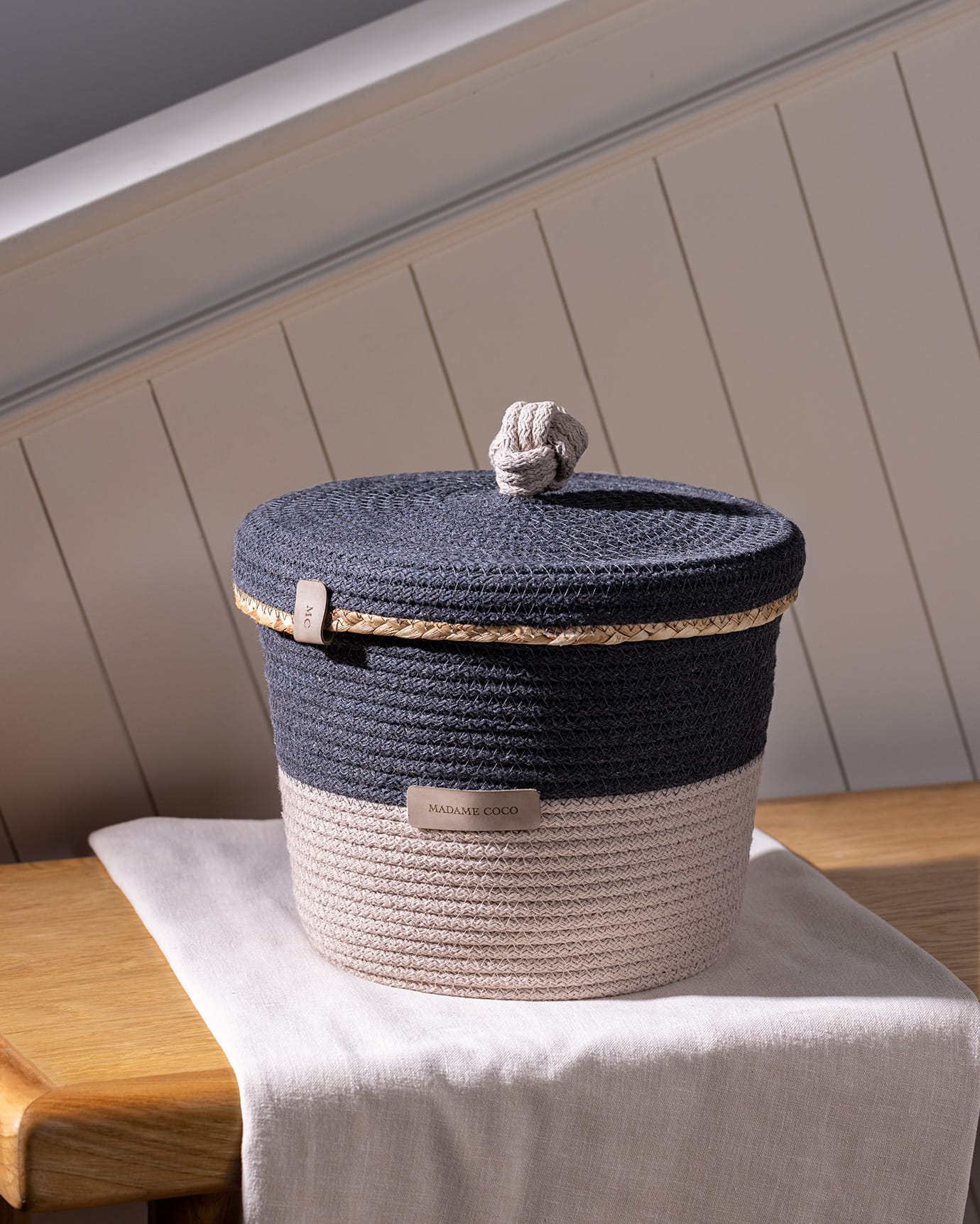 Medium Woven Storage Basket - Grey & Beige Home Organizer