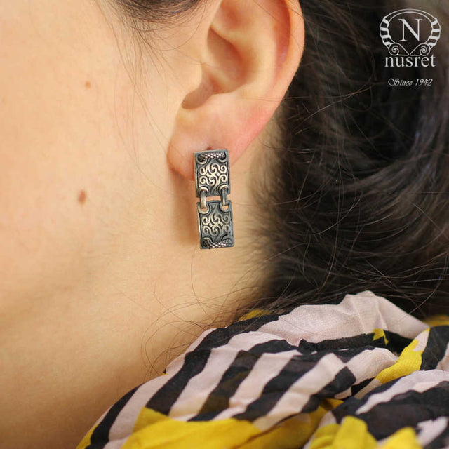 925 Sterling Silver Patterned Earrings - Black Rhodium Plated