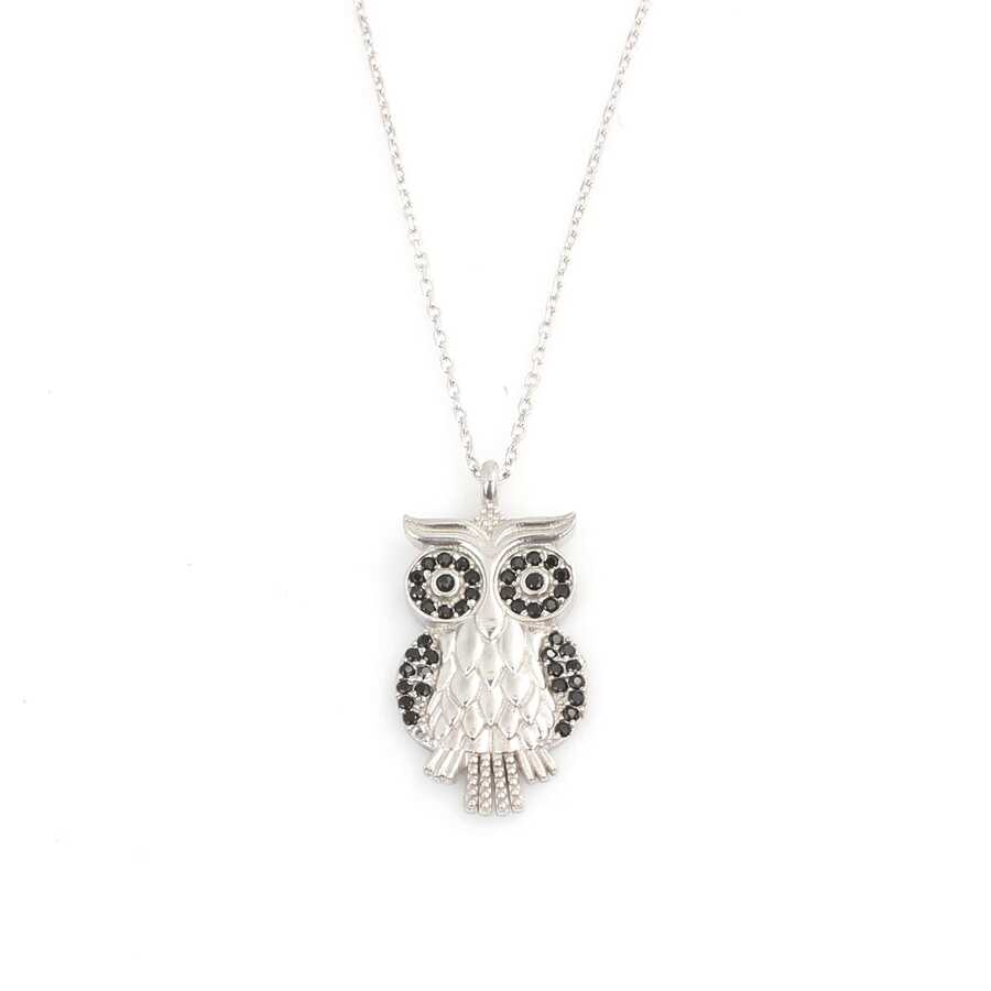 925 Sterling Silver Onyx Owl Design Pendant Necklace