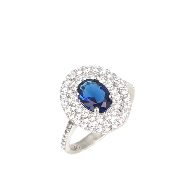 925 Sterling Silver Oval Sapphire Zircon Double Halo Ring