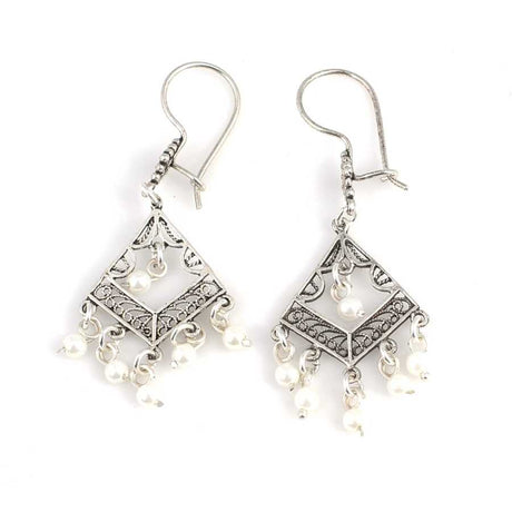 Premium Sterling Silver Filigree Pearl Rectangular Earrings