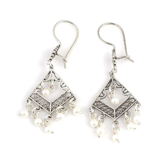 Premium Sterling Silver Filigree Pearl Rectangular Earrings