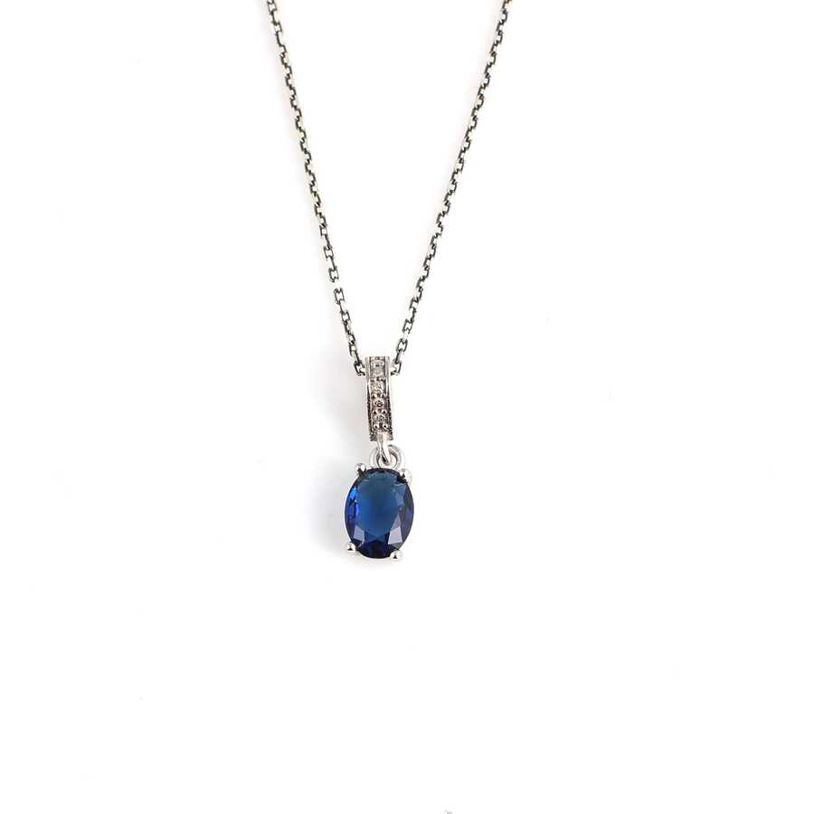 Elegant Sterling Silver Oval Synthetic Sapphire Pendant Necklace
