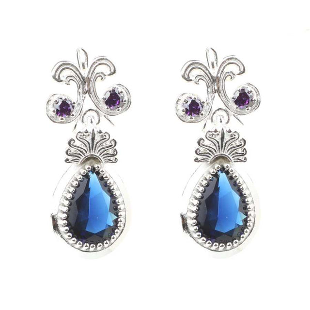 Sterling Silver Sapphire & Amethyst Antique Drop Earrings