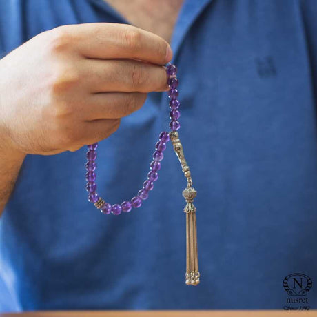 Amethyst & Sterling Silver Prayer Beads - Floral Imam Design