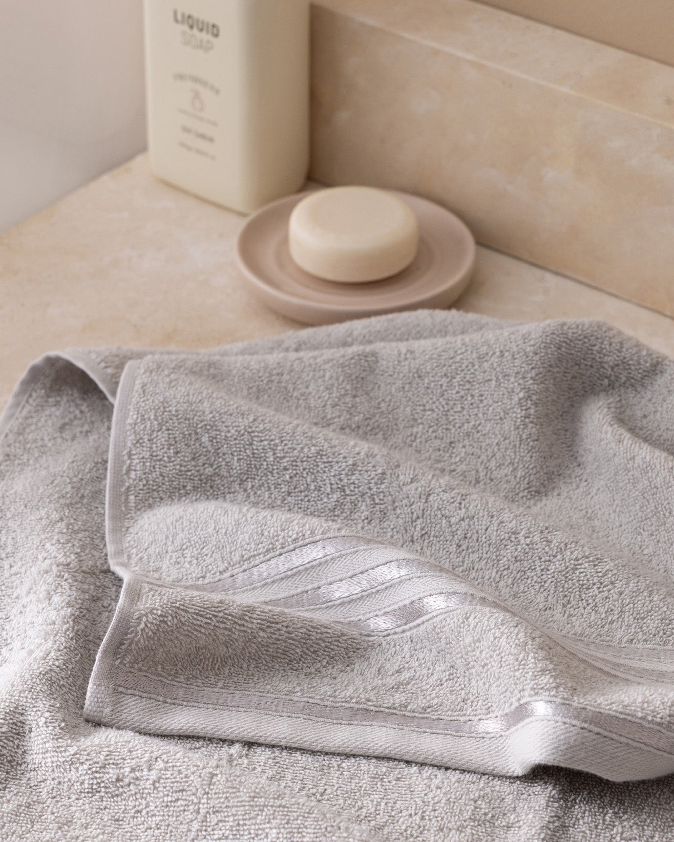 100% Cotton Plush Face Towel with Decorative Border - Light Gray