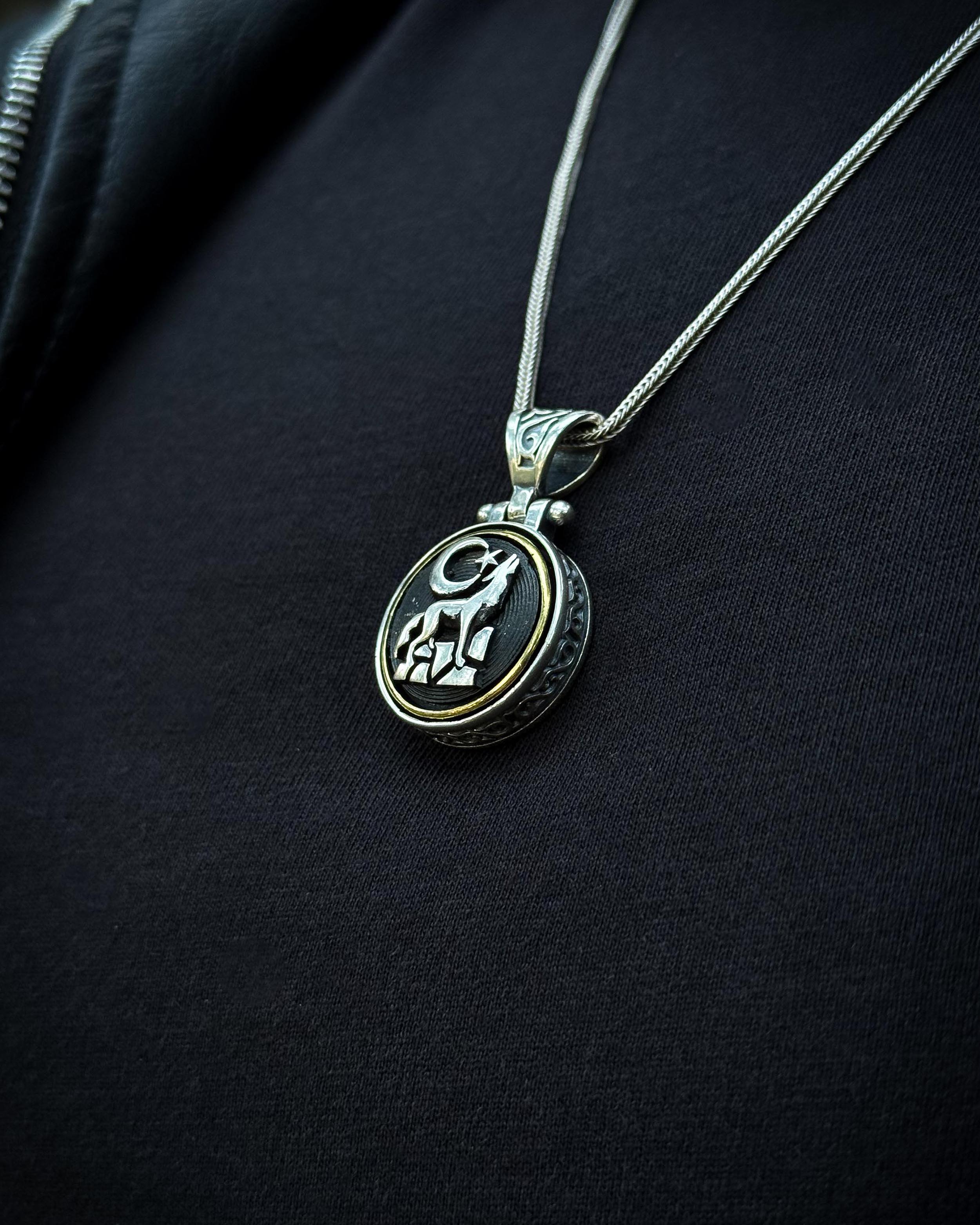 Sterling Silver Rotating Crescent & Wolf Symbol Necklace