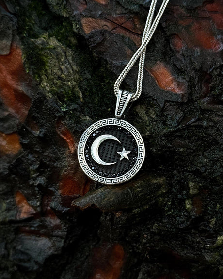 Sterling Silver Black Crescent & Star Medallion Necklace - Symbolic
