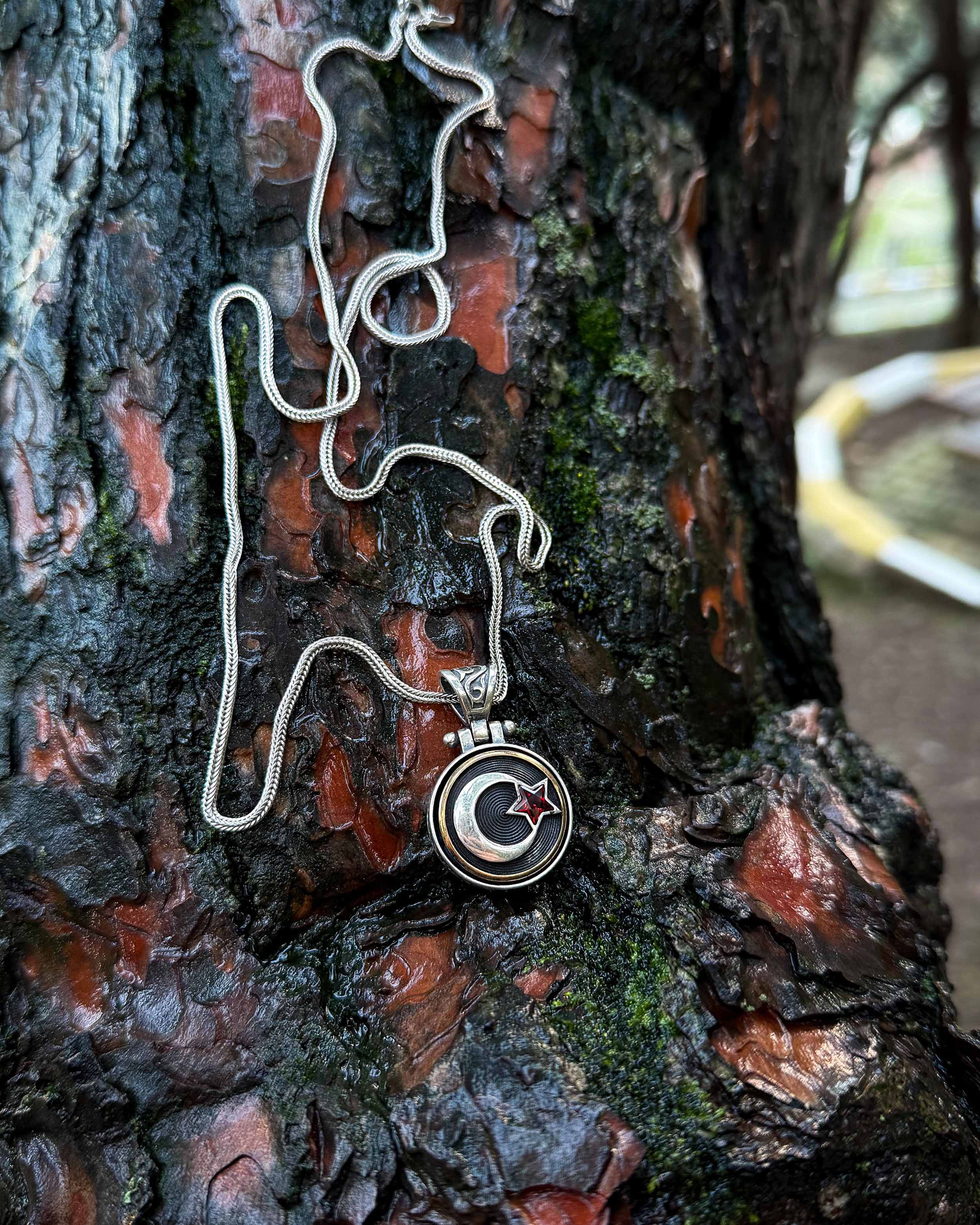 Sterling Silver Crescent & Star Necklace with Rotating Red Stone