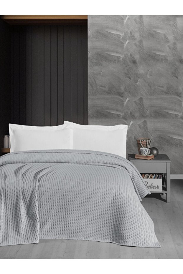 100% Cotton Waffle Knit Blanket - 170x240 cm Grey Throw