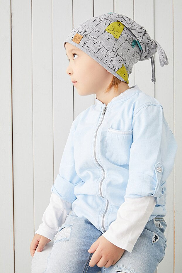 Kids' 4-Season Grey Bear Print Soft Cotton Beanie Hat