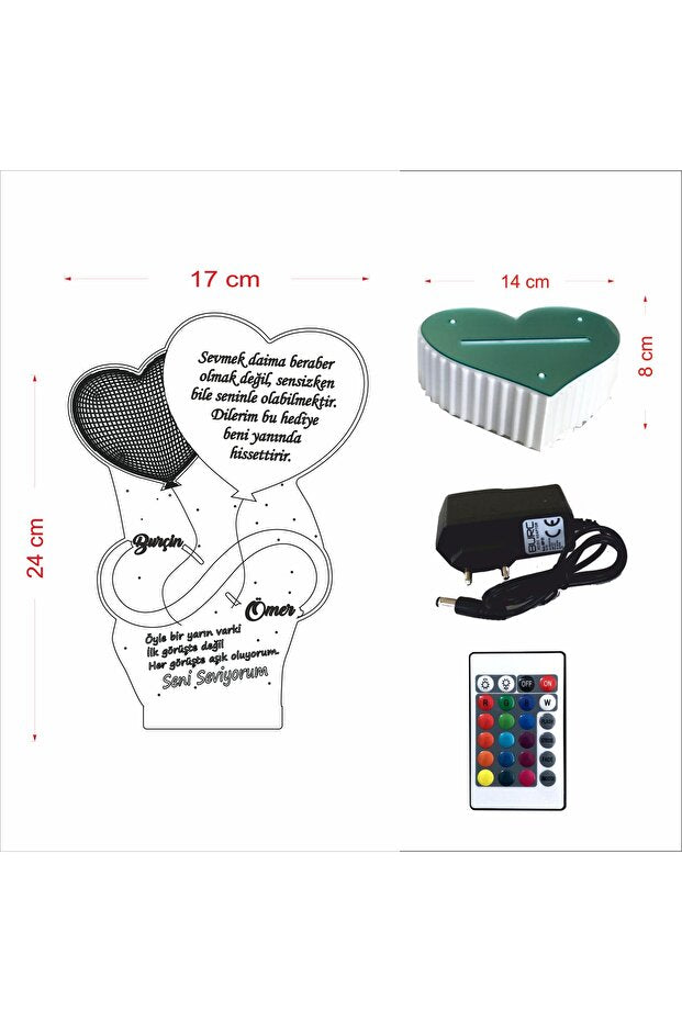 Personalized 3D LED Lamp - 16 Color Remote Control, Valentine's Gift