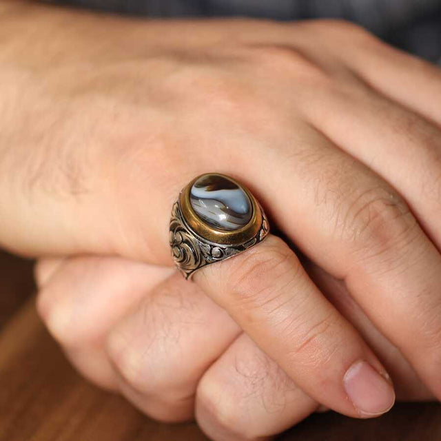 925 Sterling Silver Men's Ring - Yemen Agate, Bronze Setting