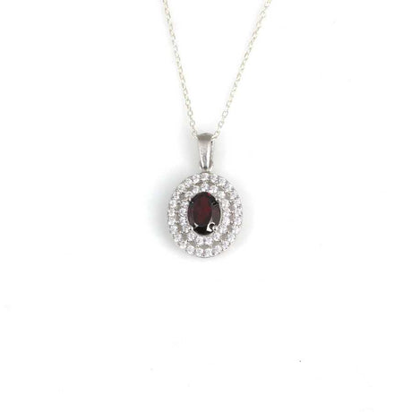 Premium 925 Sterling Silver Double Row Halo Oval Garnet Necklace