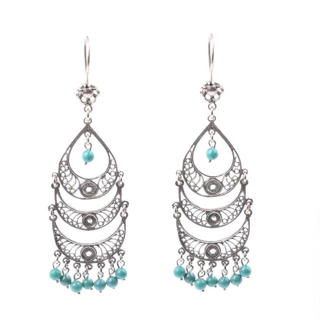 Sterling Silver Turquoise Dangle Earrings - Triple Crescent Filigree Design