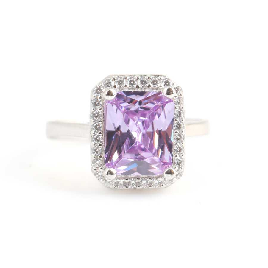 925 Sterling Silver Amethyst & Zircon Rectangular Statement Ring