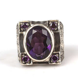 Sterling Silver Men's Amethyst Ring - Handcrafted Engraved Design