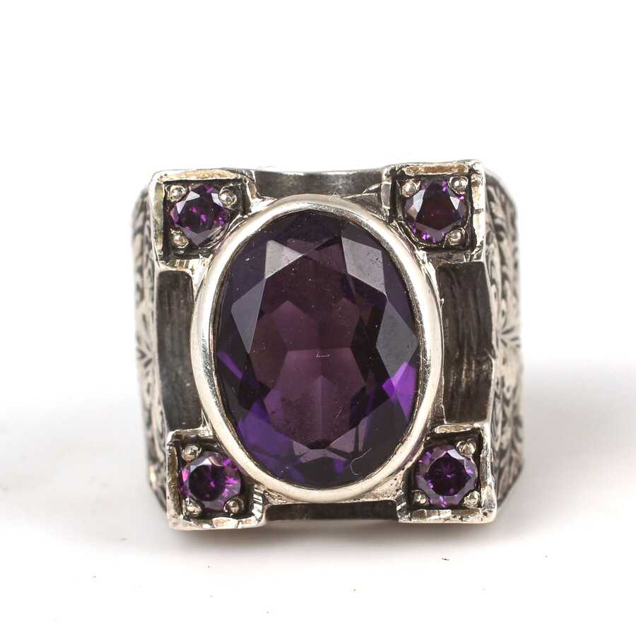 Sterling Silver Men's Amethyst Ring - Handcrafted Engraved Design