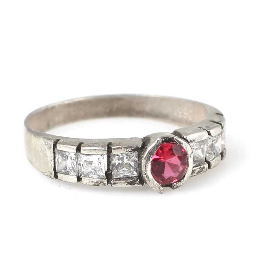 925 Sterling Silver Elegant Baguette Zircon Ring - White & Red Accents