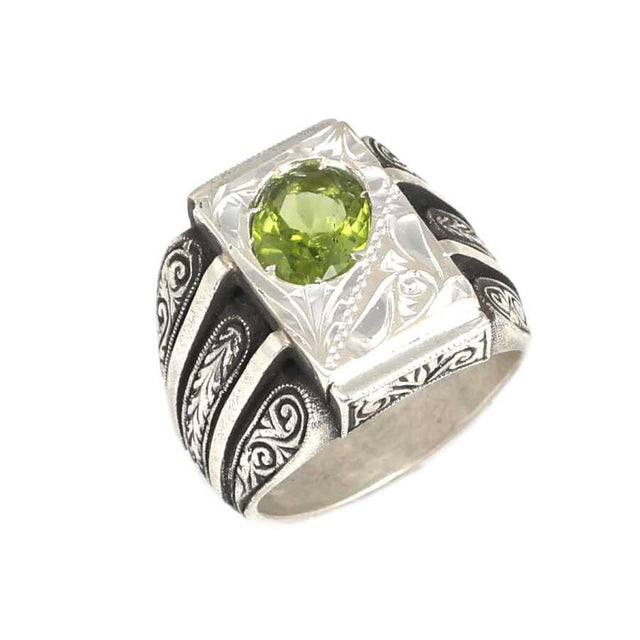 925 Sterling Silver Peridot Men's Ring - Handcrafted Design