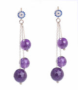 925 Sterling Silver Amethyst Dangle Stud Earrings - Evil Eye Design