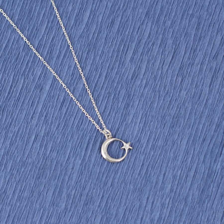 925 Sterling Silver Crescent and Star Pendant Necklace - Minimalist Design