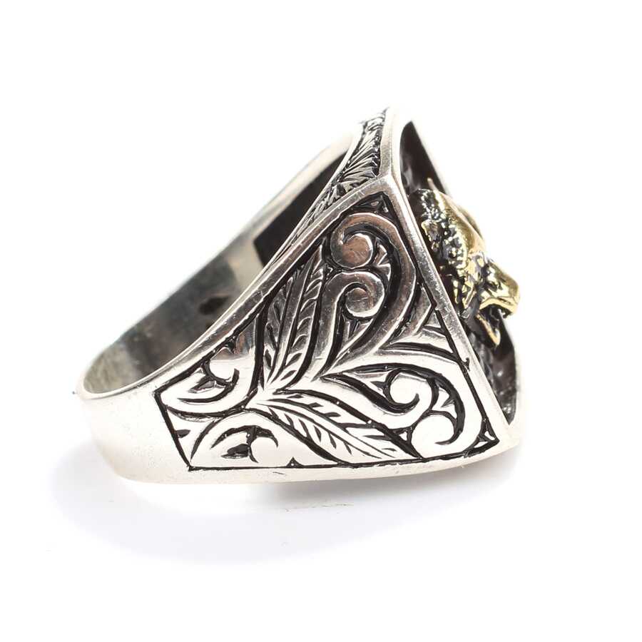 Sterling Silver Men's Ring - Wolf Head with Engraved Sides