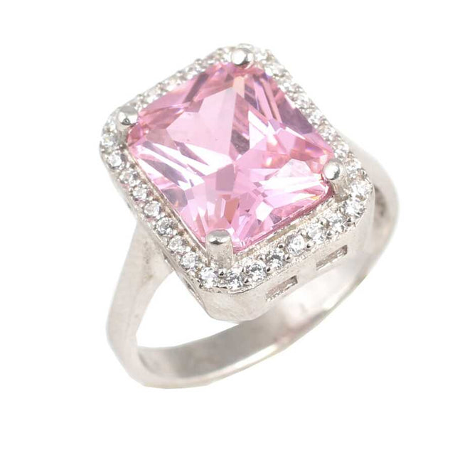 925 Sterling Silver Rectangular Pink Quartz & Zircon Entourage Ring