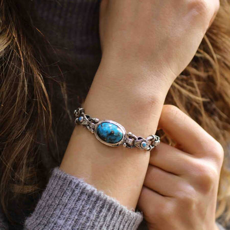 Oxidized 925 Sterling Silver Turquoise Hand-Engraved Bracelet