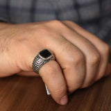 Men's Sterling Silver Garnet Ring - Bold Rectangular Design