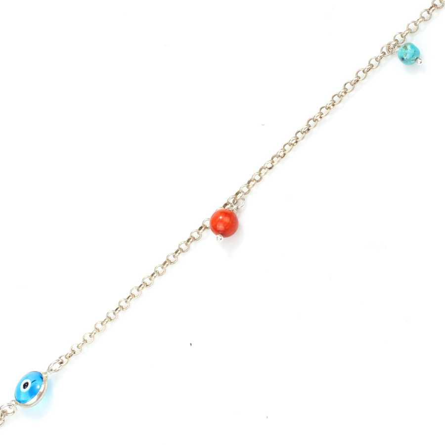 Sterling Silver Coral, Turquoise & Evil Eye Charm Anklet