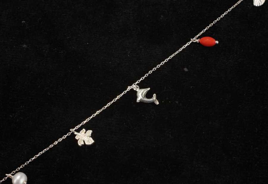 925 Sterling Silver Trendy Summer Charm Anklet - Pearl & Coral