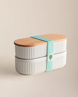 Mintgroene 2-delige lunchbox set voor voedselopslag met houten deksels - 2x500ml inhoud