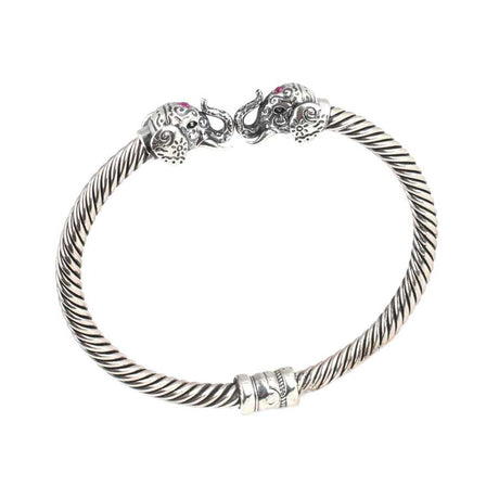 Sterling Silver Elephant Head Men's Twisted Cuff Bracelet with Ruby Zircon