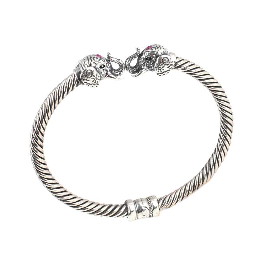 Sterling Silver Elephant Head Men's Twisted Cuff Bracelet with Ruby Zircon
