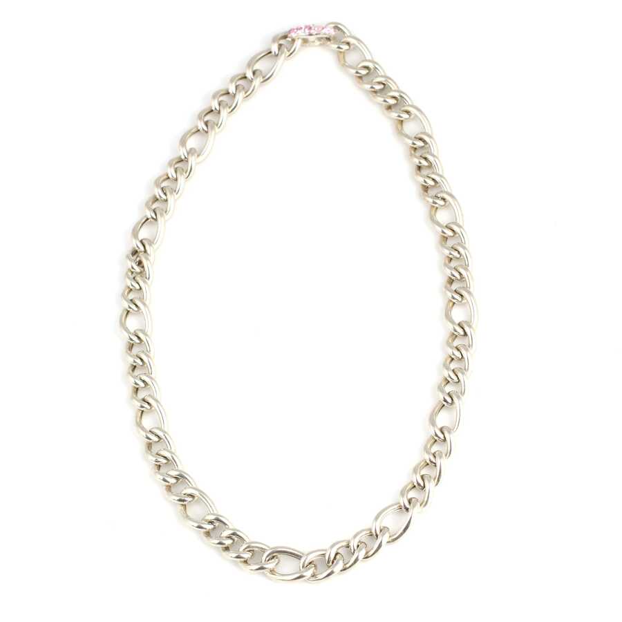 Sterling Silver Hollow Figaro Necklace - Pink Zircon Clasp